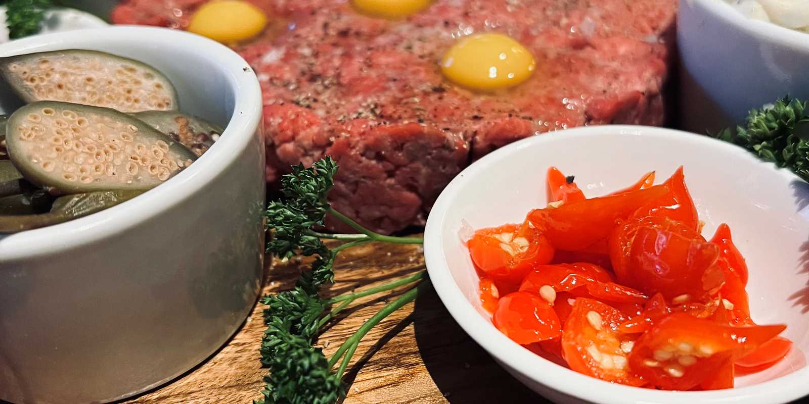 Beef tartare and accoutrements 