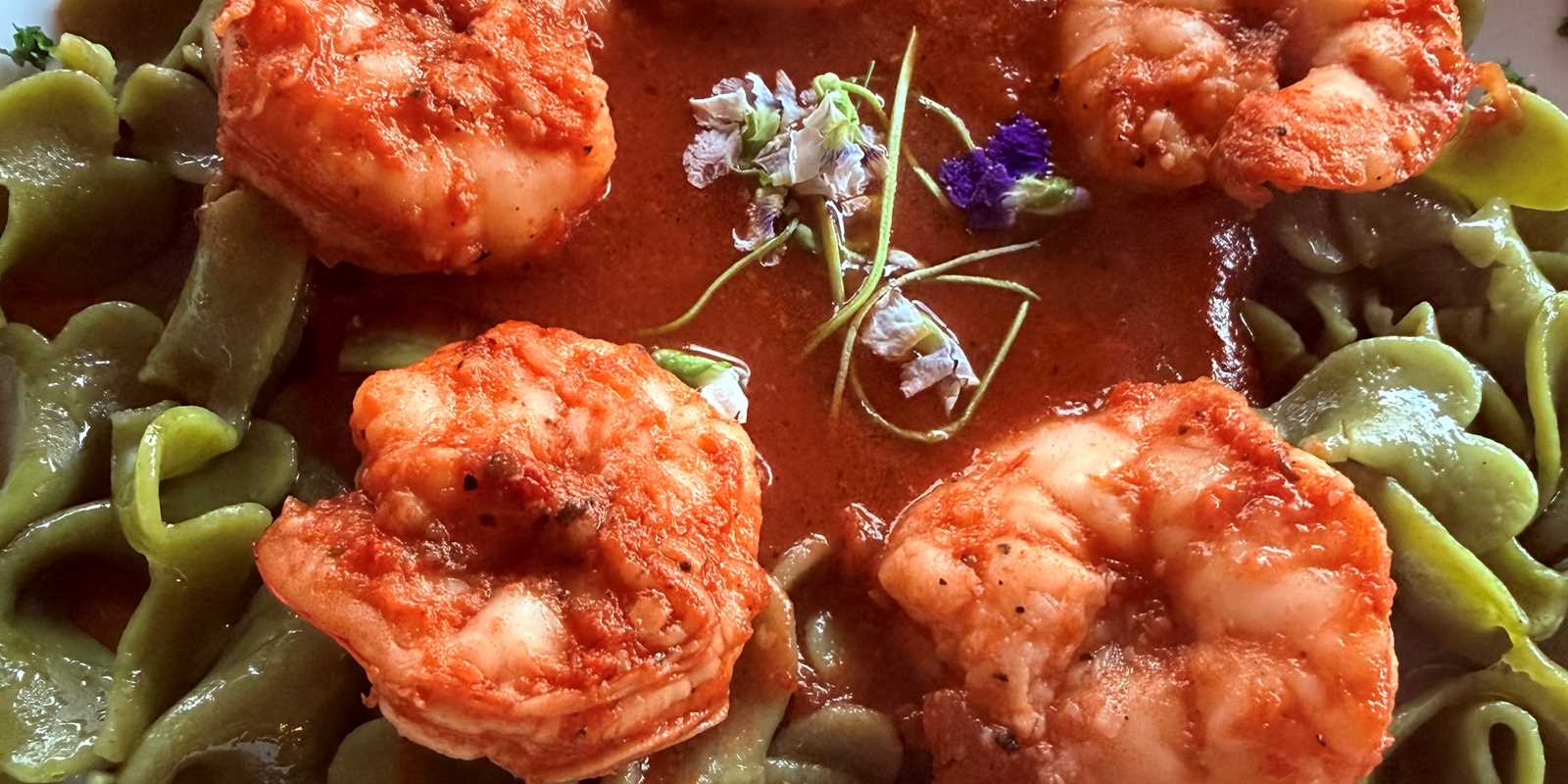 Shrimp diavolo on cloverleaf pasta