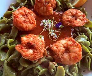 Shrimp diavolo on cloverleaf pasta