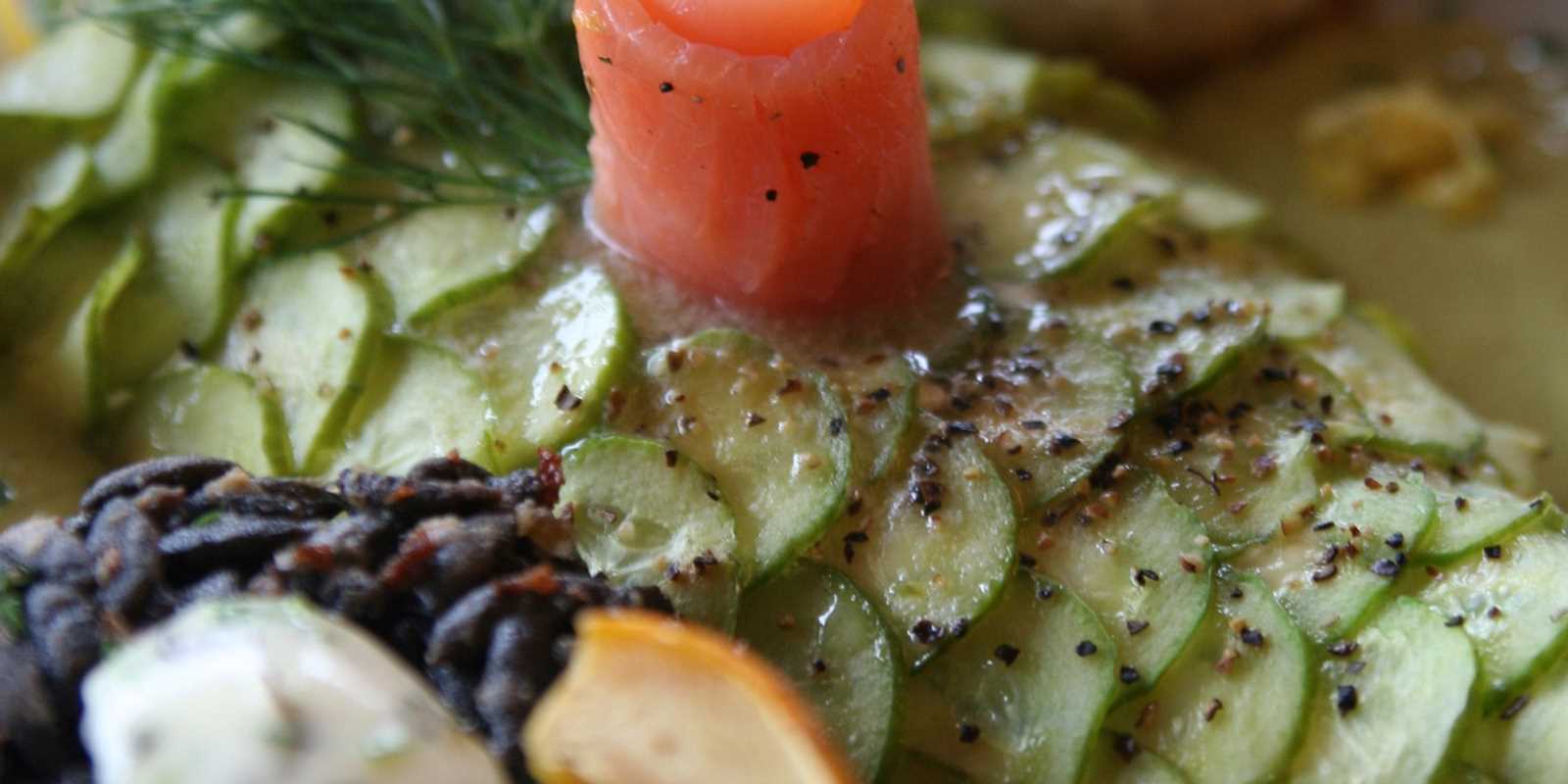 Halibut draped in cucumber scales